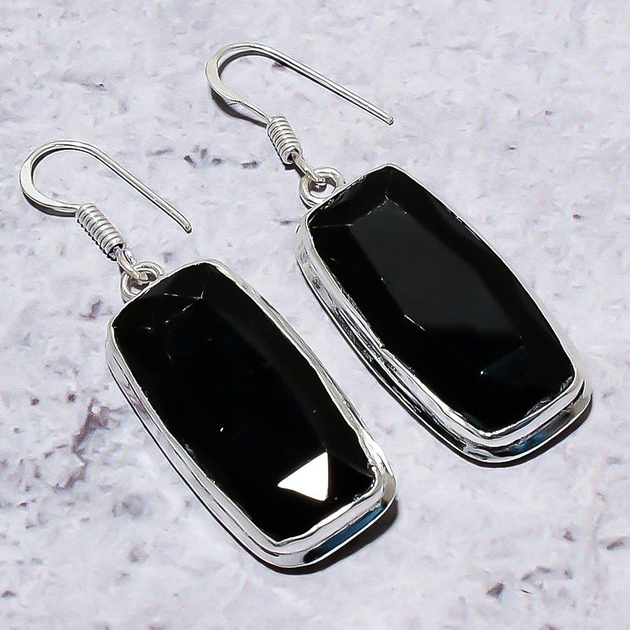 Black Spinel Gemstone Handmade 925 Sterling Silver Jewelry Earring 2.01" Q9z17
