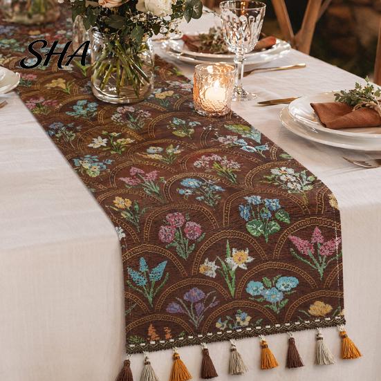 Elegant Dining Table Runner Jacquard Floral Runner, Vintage with Tassel Edges, Classic Style Farmhouse for Wedding Baby Shower Decor Charming
