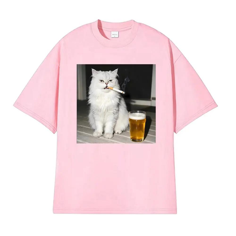 26 Summer Mens Fun Persian Cat Beer Printed Retro Round Neck Tshirt Neutral Casual Outdoor Party Soft Breathable Short Sleeve