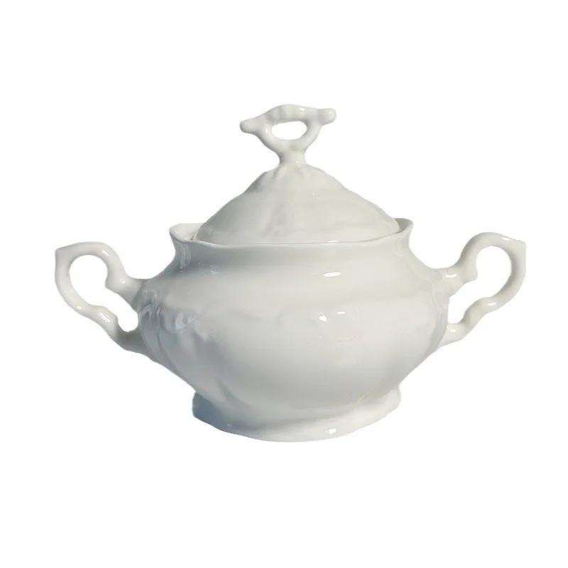 French Retro Relief Coffee Pot Pure White Bone China Teapot Sugar Bowl Milk Jug Ceramic Large Capacity Kettle Home Drinkware