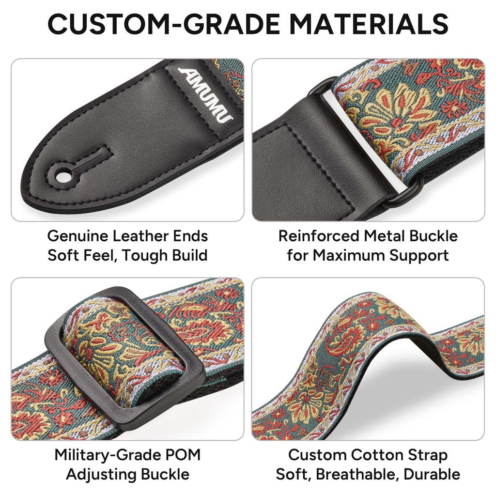 Amumu Guitar Strap 5cm Wide Vintage Paisley with Premium Leather Fits and Adjustable from 94cm To 160cm - Ends, Acoustic, Electric, Bass,