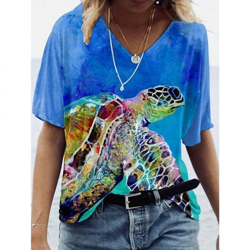 Женская футболка с V-образным вырезом и 3D-принтом в виде дельфина. Модная футболка с короткими рукавами и принтом.