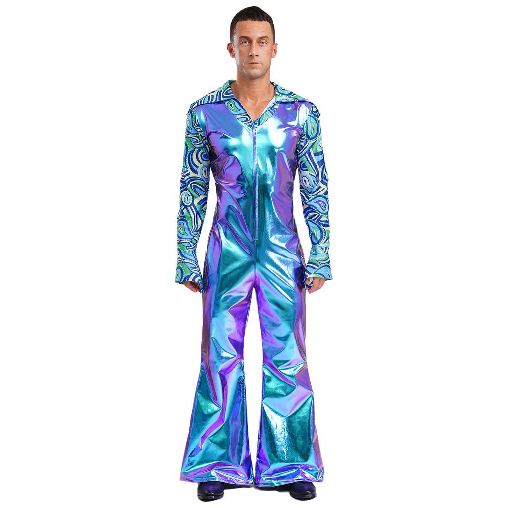 Men Hippie Romper V Neck Lapel Flare Sleeves Bell Bottom Jumpsuit Patchwork Design Music Festival Wear