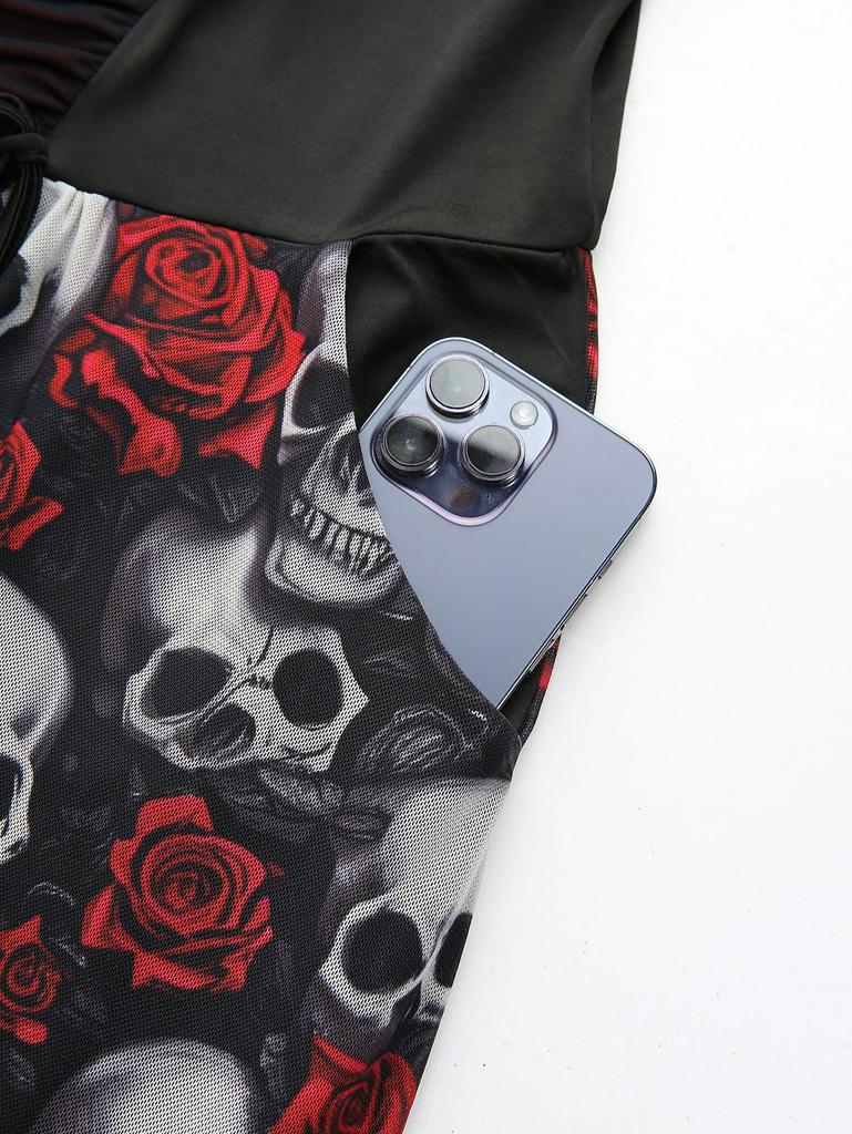 Rosegal Платье-майка готического стиля больших размеров с принтом роз и черепов, с драпировкой, оборками, цепочкой и кружевной отделкой