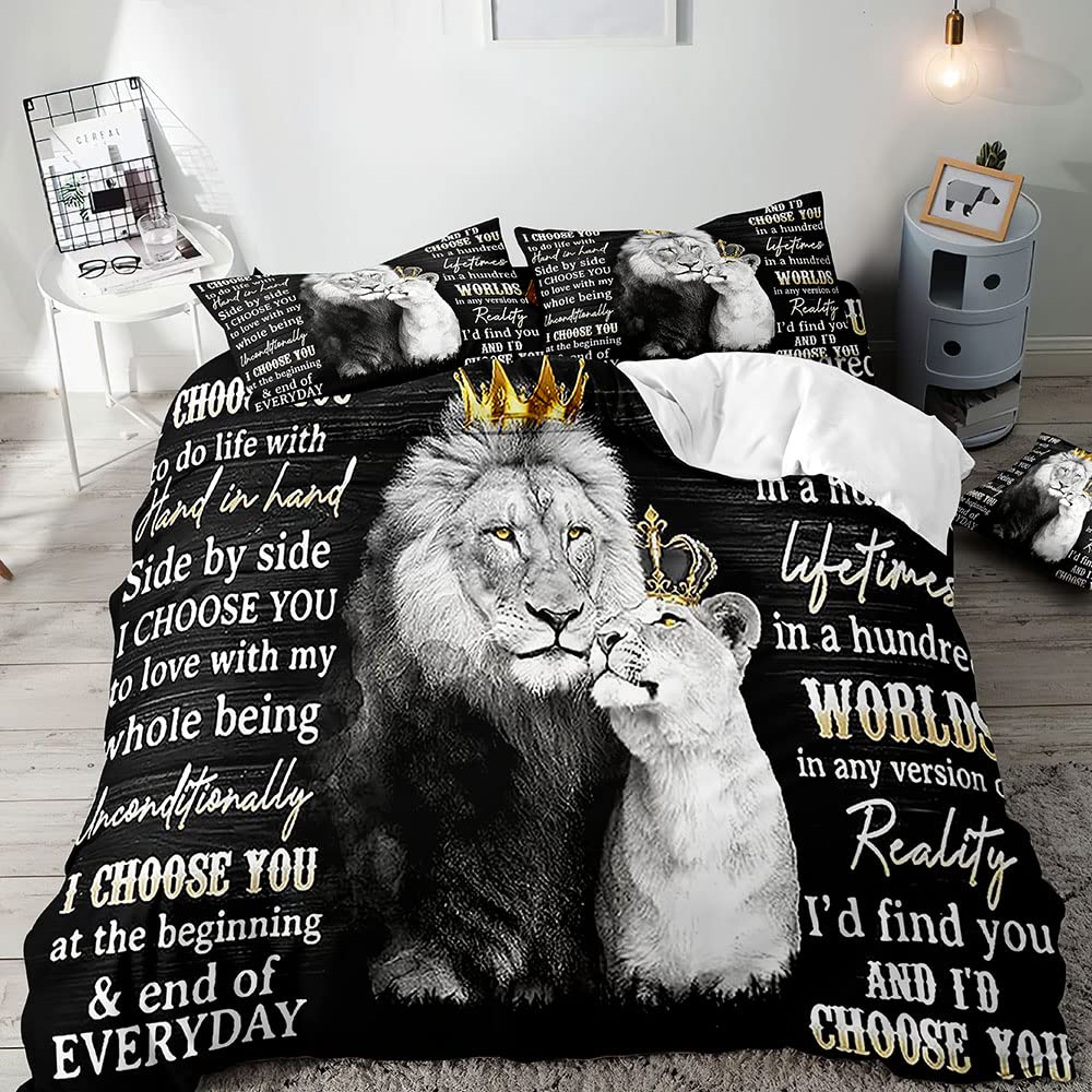 Lion Rose Duvet Cover Set Full Size,Animal Floral Comforter Cover Nature Theme Design Bedding Set,Modern Brown Lion Quilt Cover