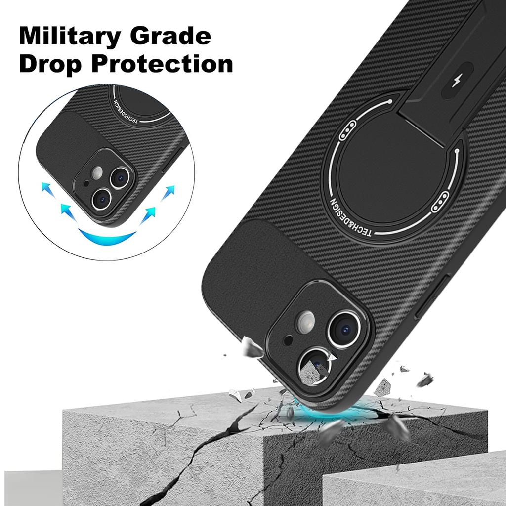 For iPhone 11 Case with Kickstand Carbon Fiber Texture PC+TPU Phone Cover