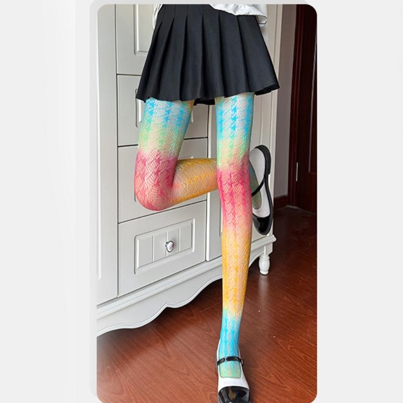 Sexy Gradients Rainbow Colorful Fishnet Tights for Women Candy Color Hollow Lace Jacquard Pantyhose JK Stockings Leggings