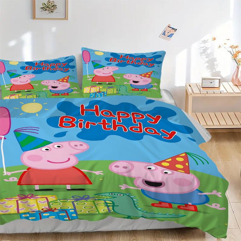 Peppa Pig Birthday Celebration Print 3Pcs Bedding Setduvet Cover With 2 Bedropillowcase Home Birthday Gift