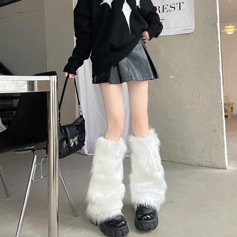 White Faux Fur Leg Warmers Boot Covers Y2K Goth Solid Leg Socks Punk Knee-Length Fashion Warm Sock