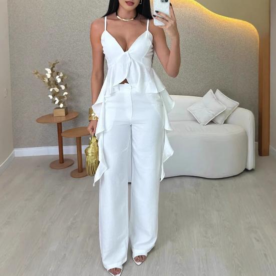Женский топ с V-образным вырезом и брюками, топ на бретельках с оборками и прямые брюки, дышащий деловой костюм, летний повседневный наряд для офиса, вечеринки, улицы