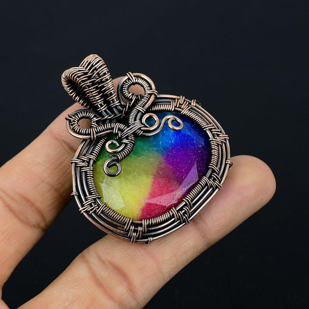 Rainbow Solar Quartz 999 Copper Wire Wrapped Pendant, Handmade Gemstone Pendant Jewelry, Gifts For Wife Brand New Pendant
