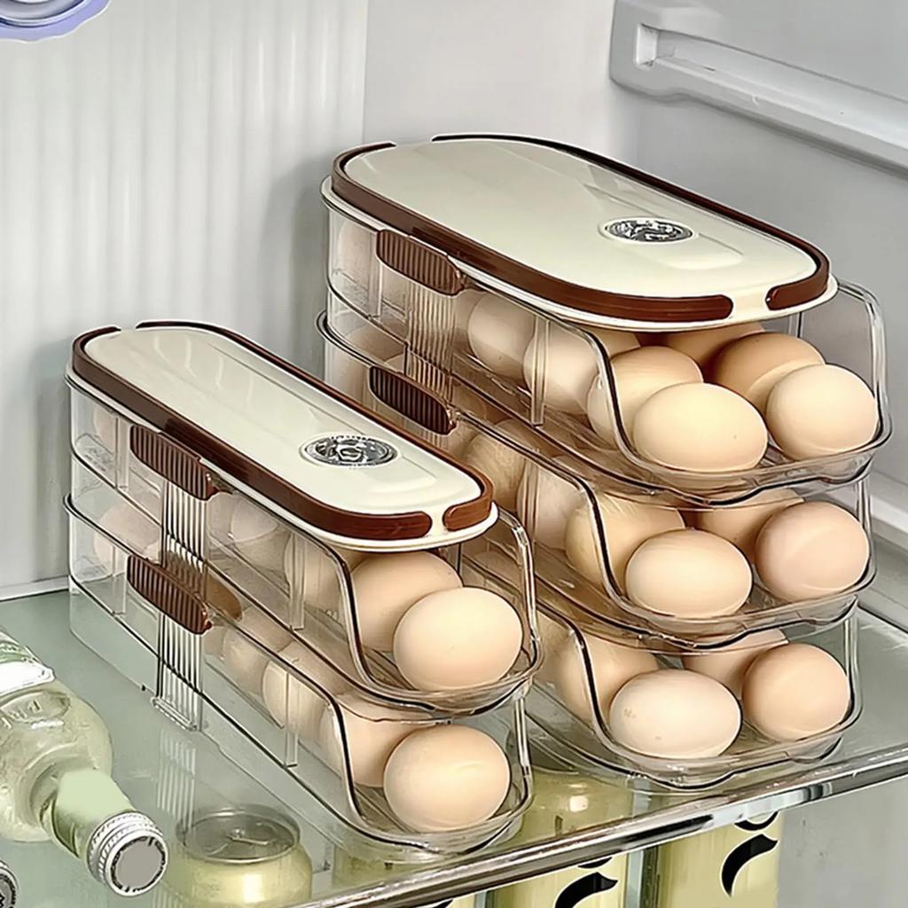Egg Holder for Refrigerator Automatic Rolling, Storage Box Transparent Stackable Fridge Organizer with Lid For Kitchen DROPSHIP