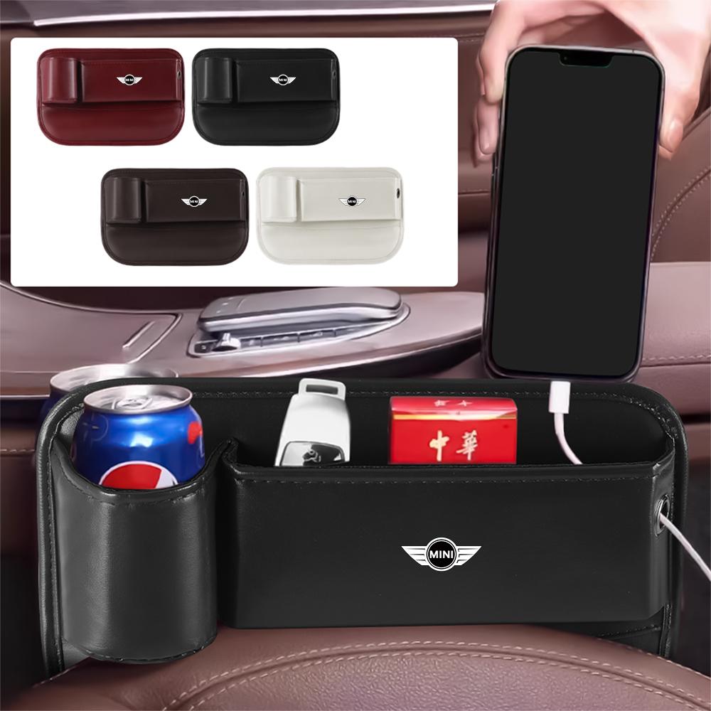 CBEJ7 Leather Car Seat Gap Crevice Storage Box Organizer Cup Holder For MINI Cooper S JCW WORKS R55 R56 F55 F56 R57 R58 R59 CLUB MAN
