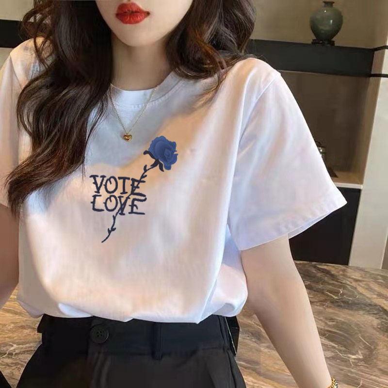 Summer Printed T-shirt Women's Short-Sleeved Round Neck Bottoming Shirt Loose Clothes Short-Sleeved Women's