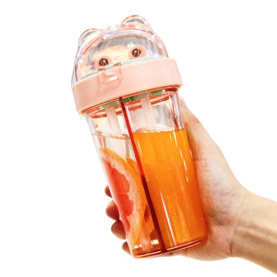 420ML Double Drinking Cup Separate Cup Mouth Dustproof Lid Leak-proof Heat Resistant Double Straws Drinking Bottle School Accessory