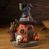 Halloween Magical House Resin Figurine Office Desktop House Sculpture Witch House Statue with LED Light Home Decoration