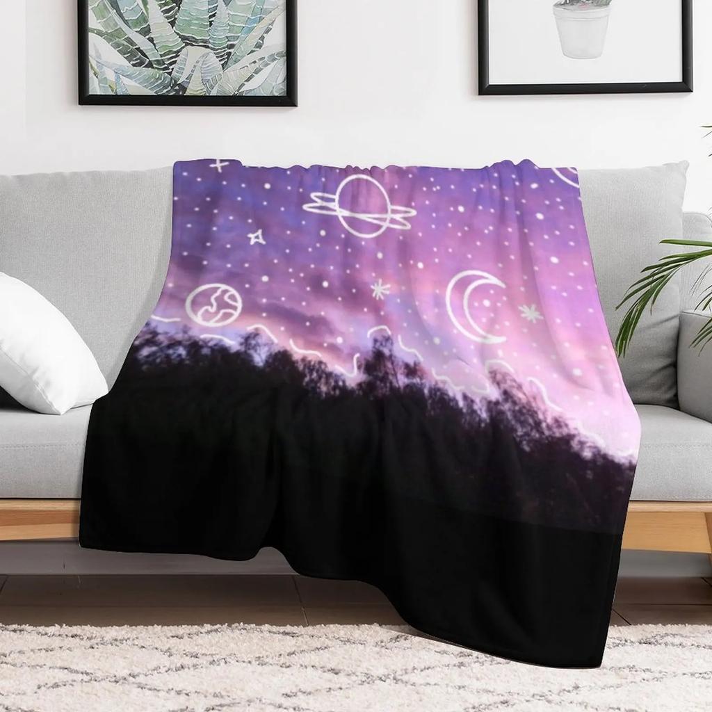 Aesthetic Tumblr Sunset Galaxy Doodle Throw Blanket Color Fast Cozy Throw Blanket