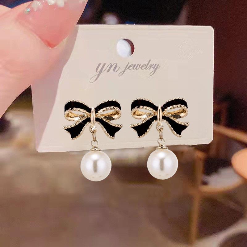 Imitation Pearl Black Red Color Bowknot Drop Earrings for Women Geometry Wedding Party Big Brincos Jewelry Gift