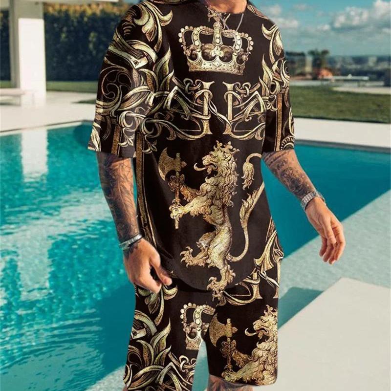 Lion 3d Pattern, Mens 2 Piece Outfits, Short Sleeve Comfy T-shirt And Casual Shorts Set For Summer, Men's Clothing