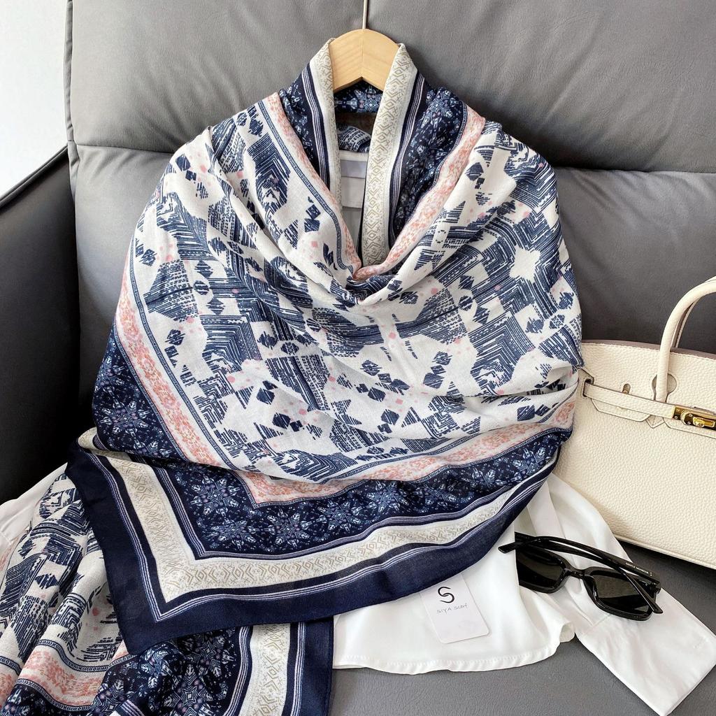 Cotton and Linen Feel Outer Scarf Black and White Bohemian Headscarf Beach Towel Air-conditioned Room Shawl Women