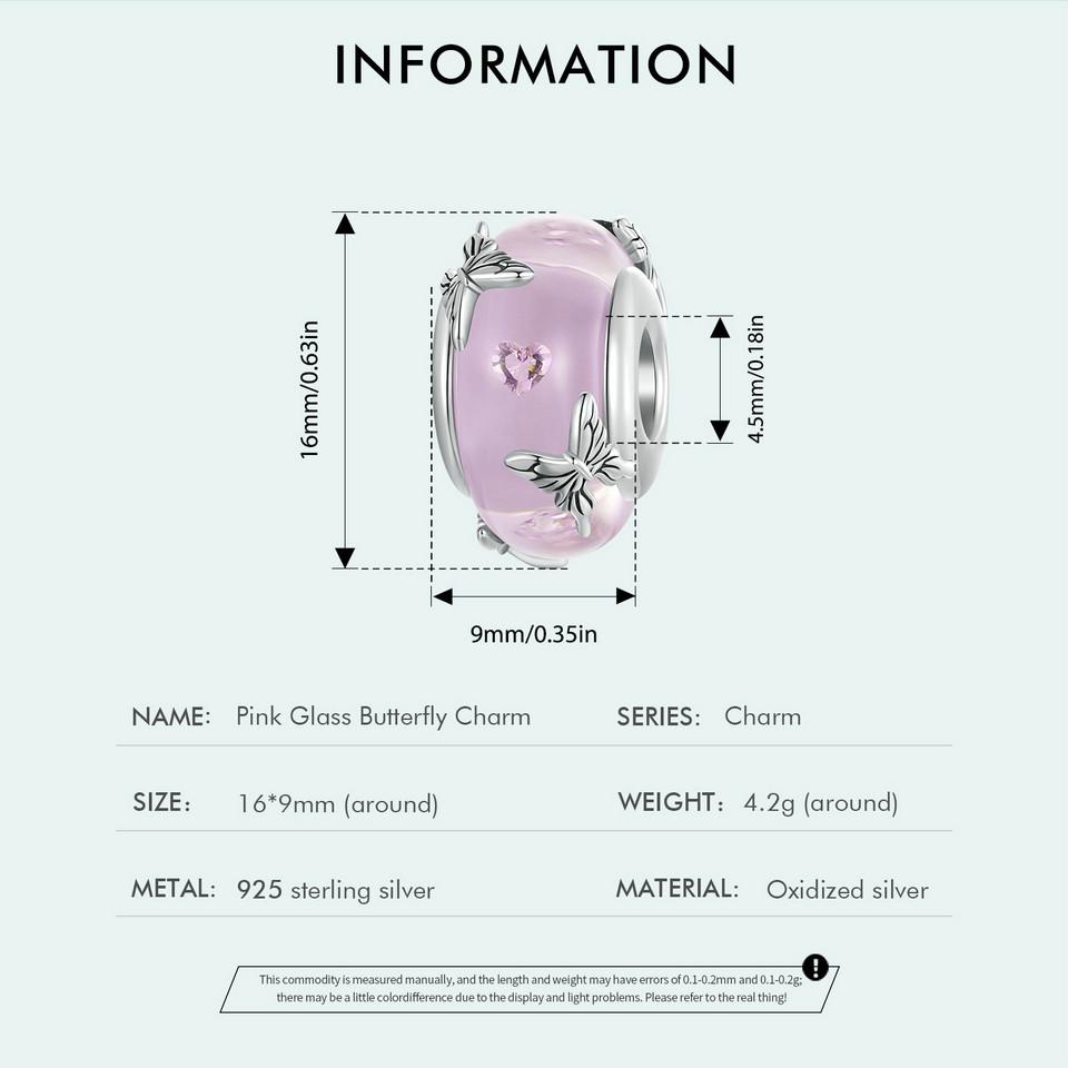 WOSTU Стерлингового Серебра 925 Розовые Стеклянные Бусины Прозрачная Бабочка Шарм Подходит Для Женщин Оригинальные Браслеты DIY Ювелирные Изделия