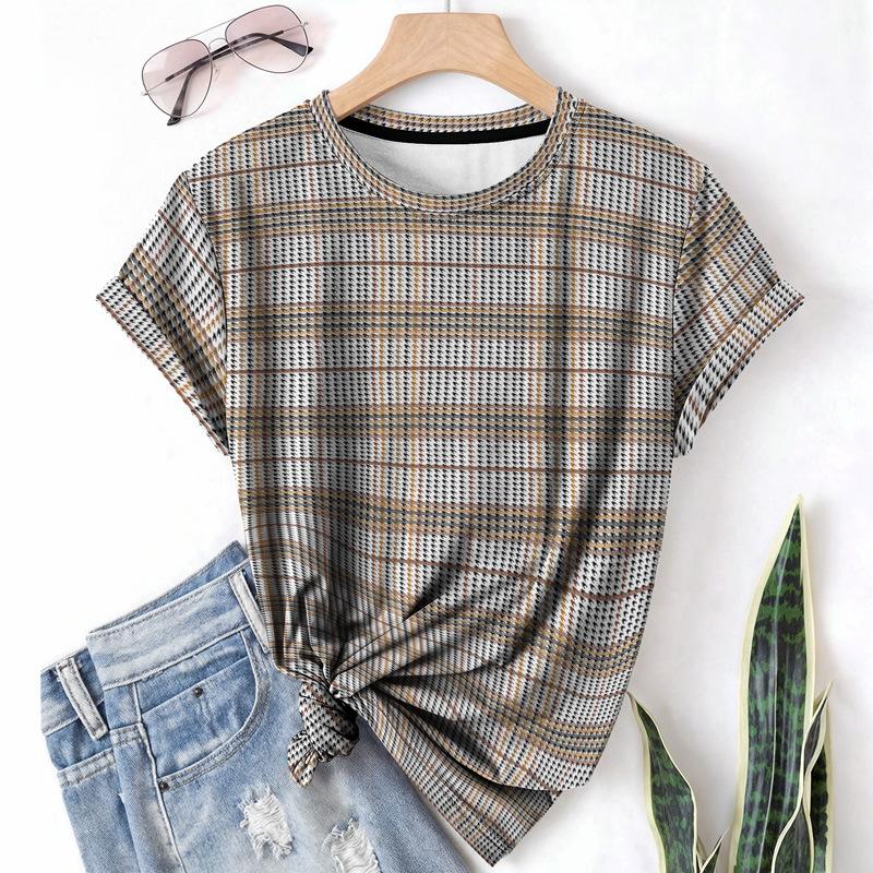 Striped Casual Sports Women's T-shirt Summer Round Neck Short Sleeved Element Pattern Checkered Loose Fit T-shirts