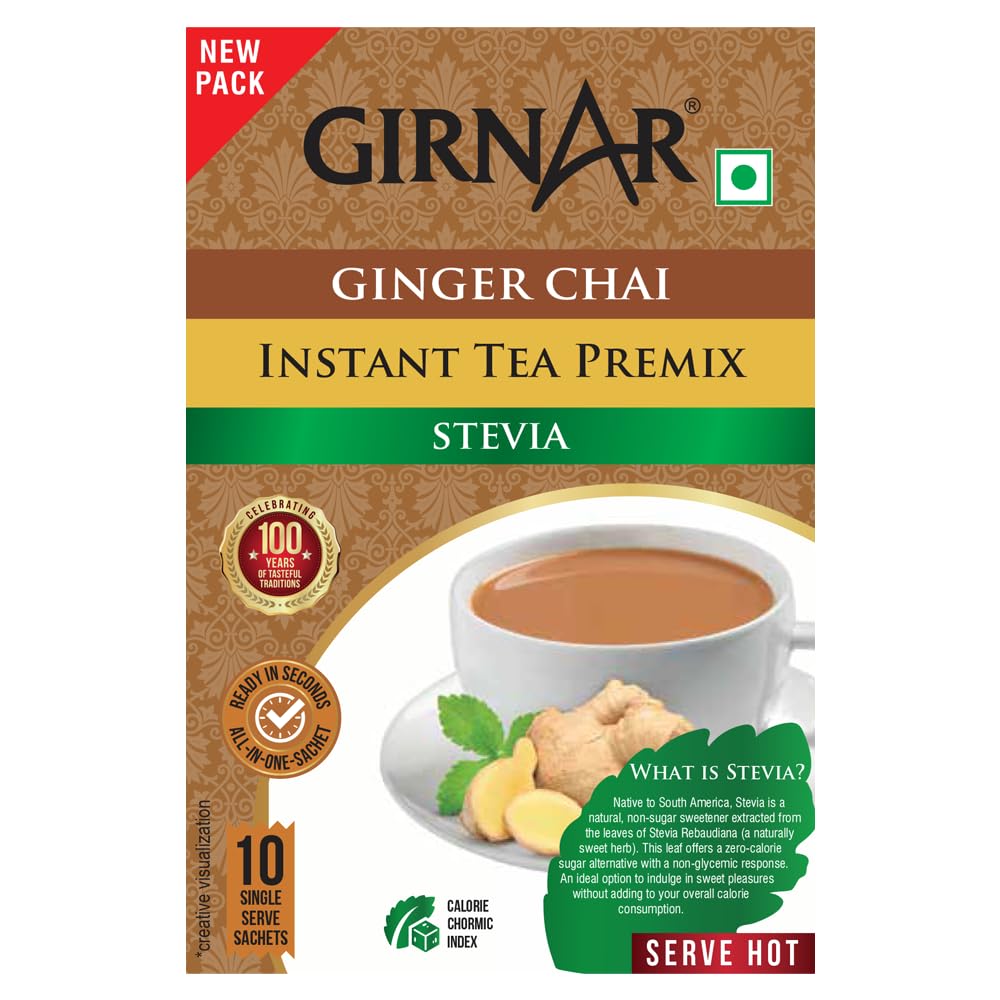 Girnar Instant Ginger Chai Premix with Stevia Sugar-Free 120g 10 Sachets for Quick Hot Beverage