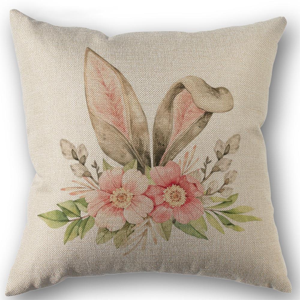 4Pcs Cute Bunny Cushion Cover Farmhouse Home Decor Linen Pillowcase Cartoon Rabbit Printed Cushion Pillows Cover Happy Easter