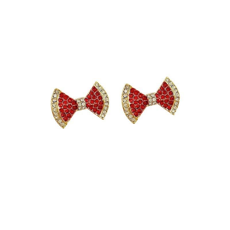 111 silver needle red rhinestone bow earrings, new trendy design high-end stud earrings Internet celebrity earrings