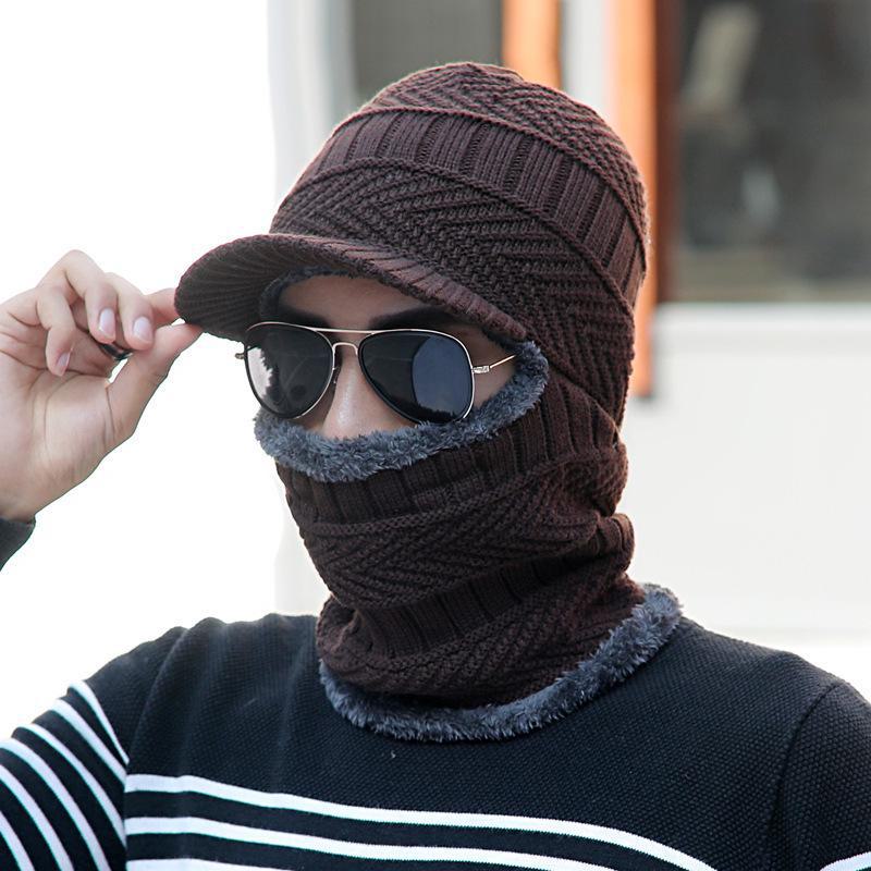 Мужская зимняя вязаная шапка с бархатной подкладкой и защитой ушей