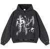 Streetwear Japanese Anime Girl Graphic Washed Black Oversized Unisex Long Sleeve Hoodie
