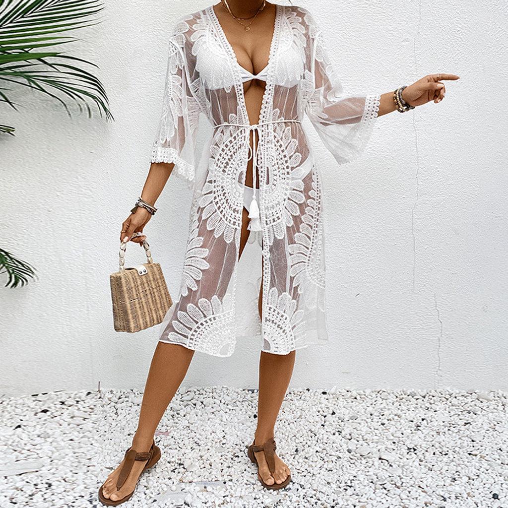 Женское бикини, накидка с цветочной вышивкой, прозрачное кружевное пляжное кимоно для купальника, купального костюма, летней одежды