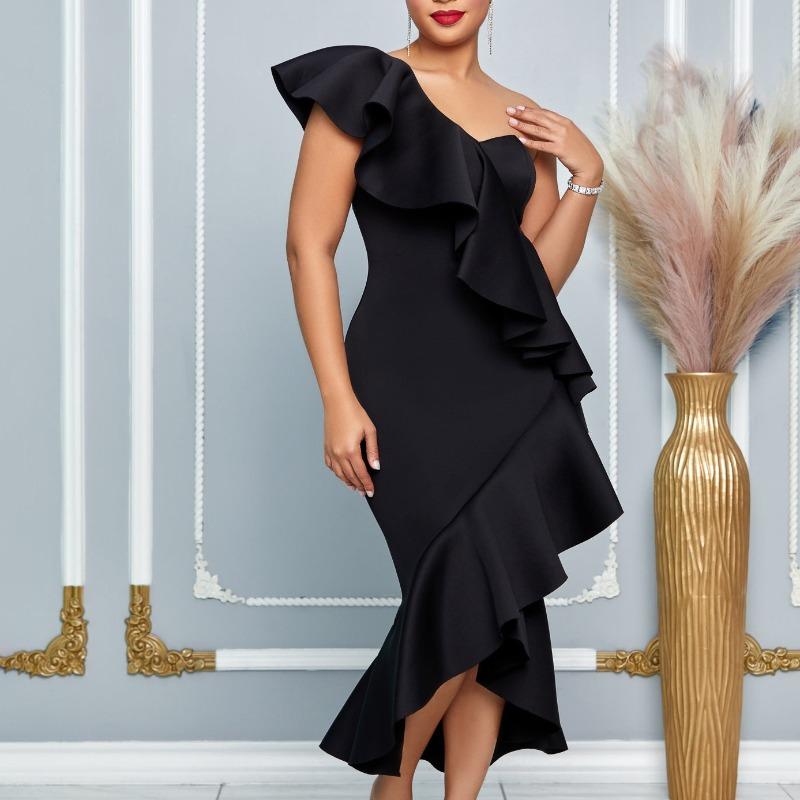 Женская мода Темперамент Диагональный вырез горловины оборками вечерняя юбка рыбий хвост Темперамент платье