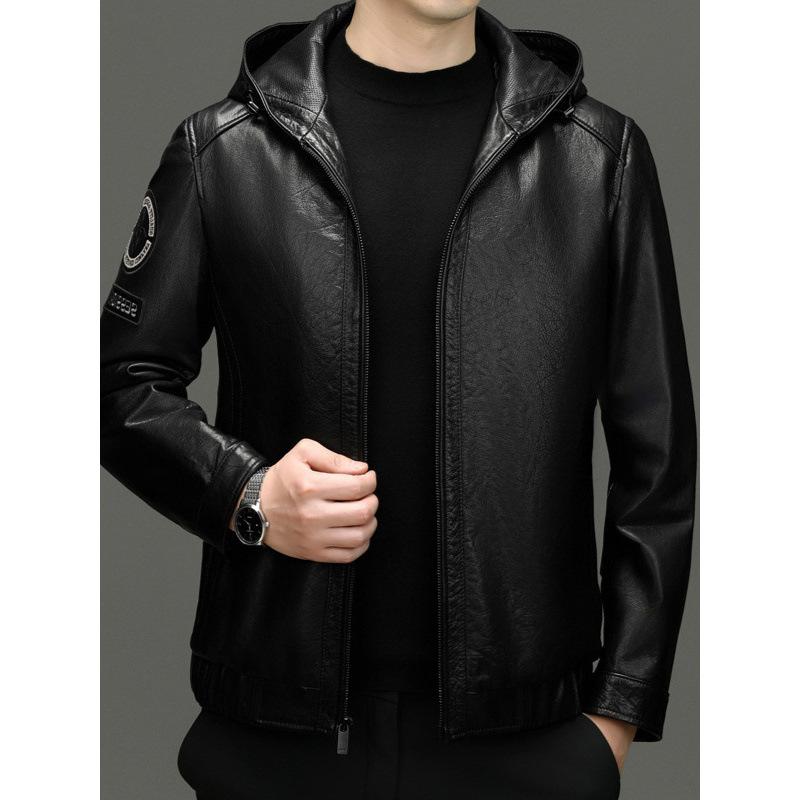 Men's Oil Wax Cowhide Leather Jacket Hooded Jacket Autumn and Winter New Fashion Trend Locomotive Leather Jacket
