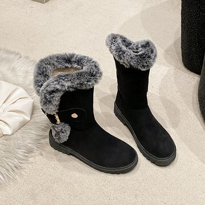 Модные зимние новые хлопковые сапоги на толстом каблуке, женские модные замшевые сапоги с круглой головкой и металлической пряжкой, мягкая подошва, нескользящая, до середины икры