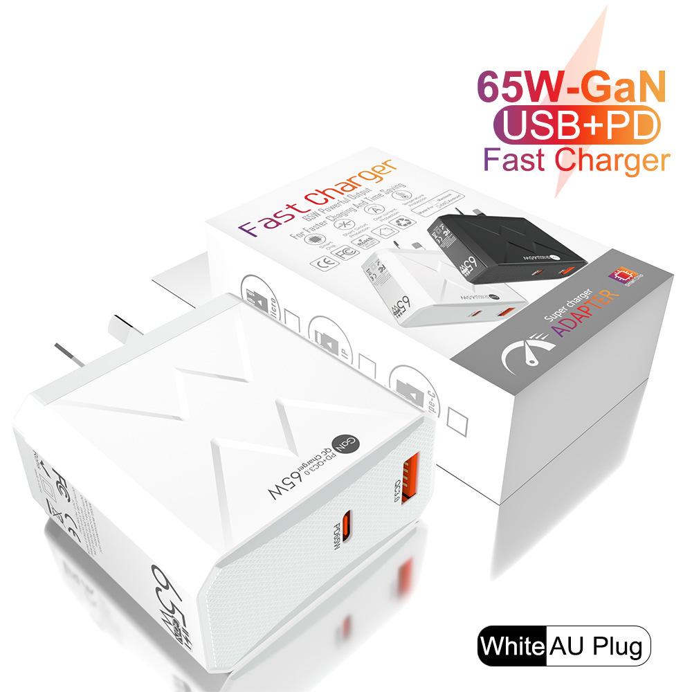 Универсальное зарядное устройство PD65W - Сертифицировано CE, ROHS, FCC, С портами Type-C QC3.0, Поддерживает австралийские, британские, европейские и американские стандарты, Порт A+C.
