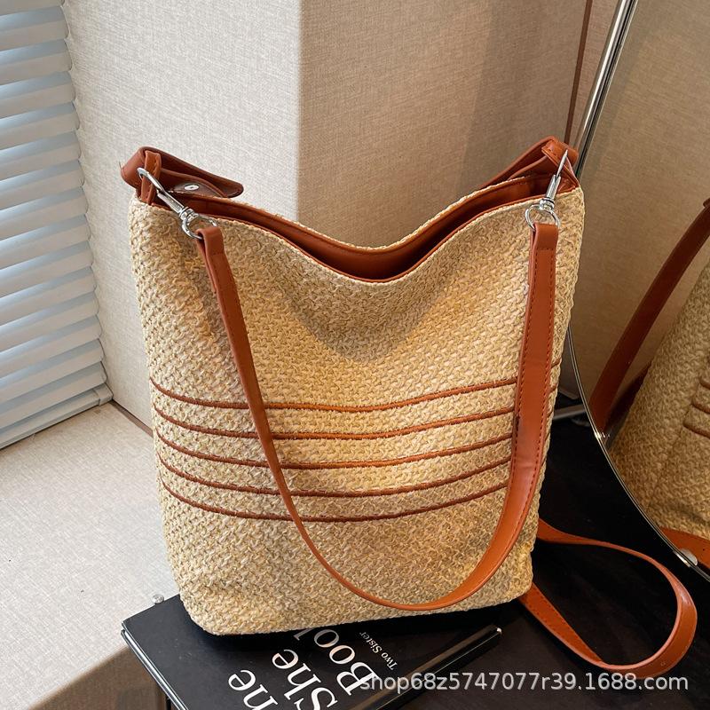 Summer Rainbow Woven Bag Women's 2025 New Large-capacity Straw Woven Bucket Bag Seaside Vacation Shoulder Messenger Bag