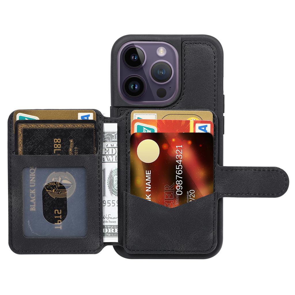 For iPhone 13 Pro RFID Blocking Phone Case Leather Coated TPU Cover with Wallet Kickstand
