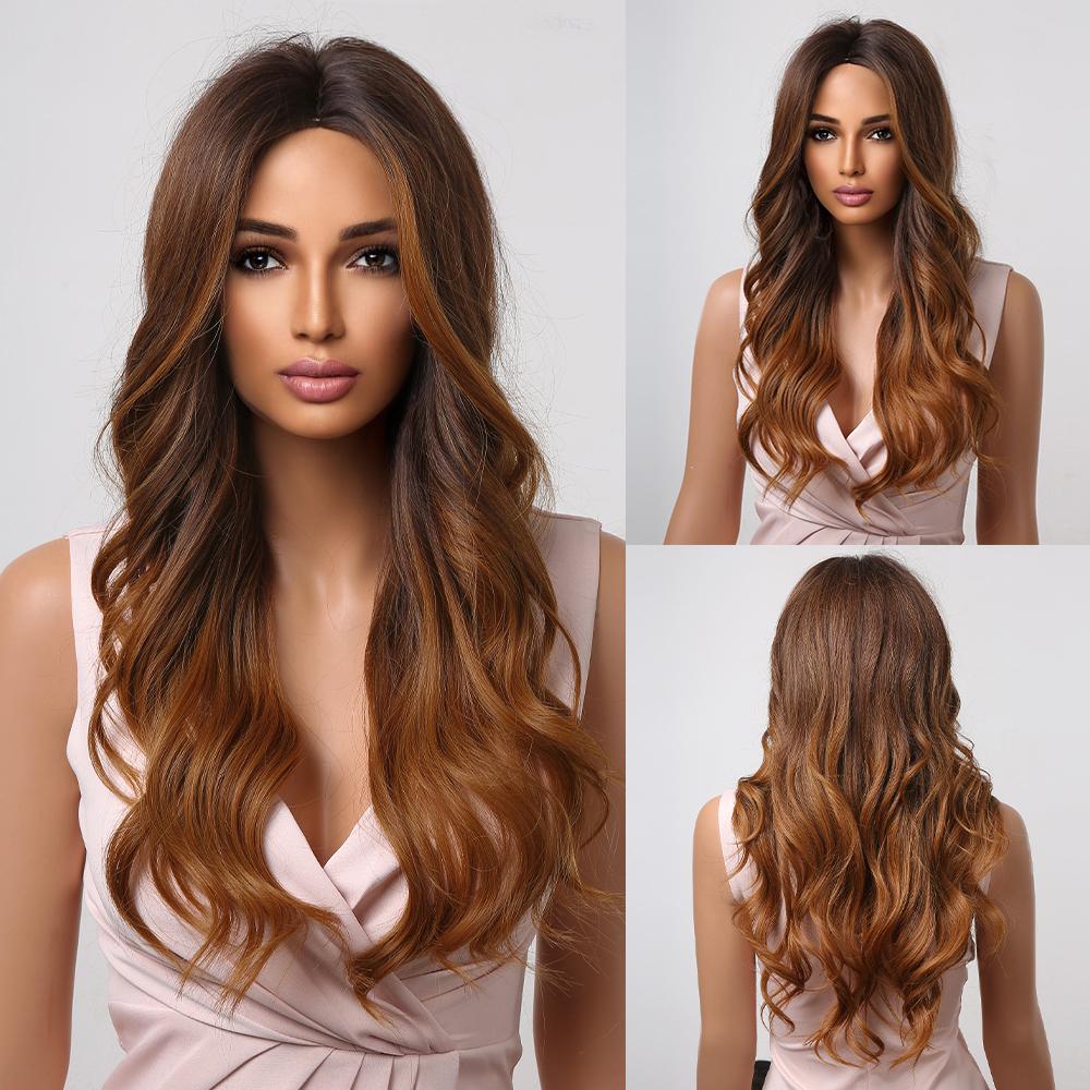 Ombre Темно-коричневые вьющиеся парики с челкой для чернокожих женщин Длинные волнистые синтетические волосы для косплея Парик Термостойкое волокно Афро-повседневный парик