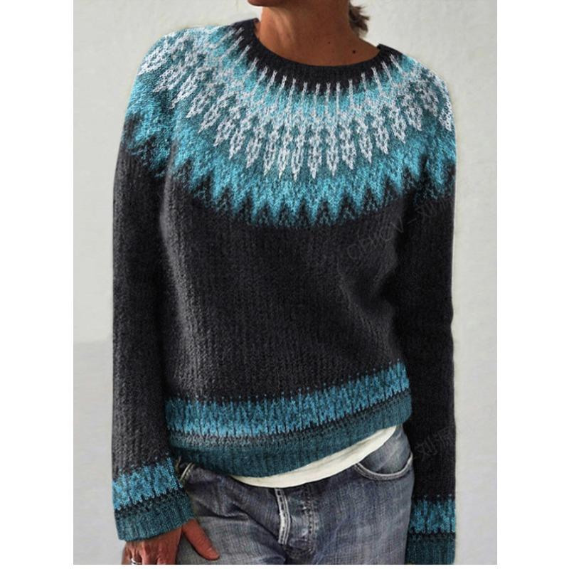 JKASHDK Женская мода повседневный геометрический принт осень зима длинный рукав O-образный вырез свободные свитера