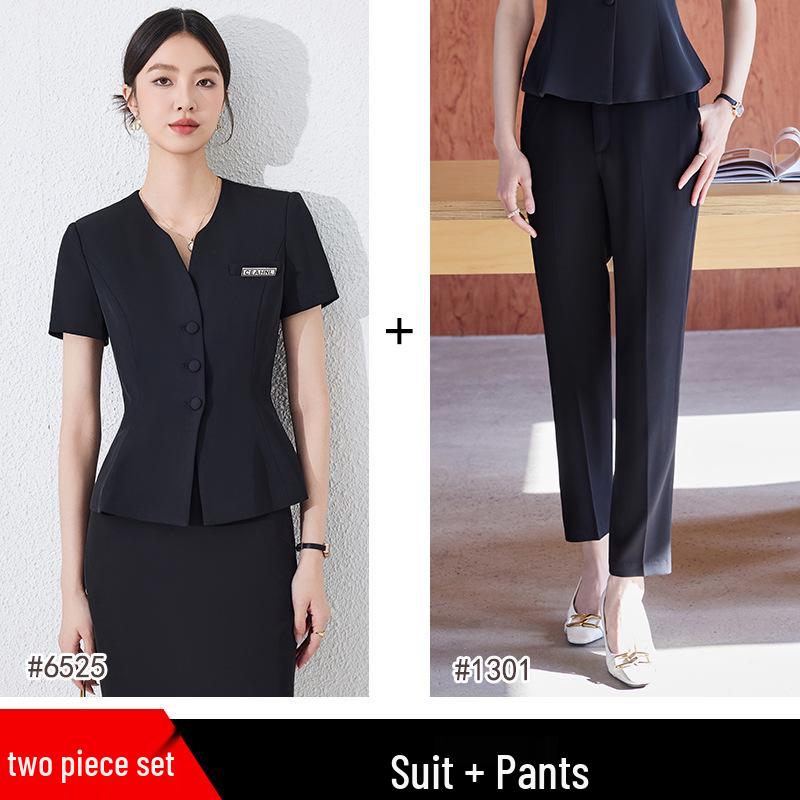 Женский темно-синий костюм с коротким рукавом - Летняя профессиональная одежда для стойки регистрации в отеле и ювелирном магазине.