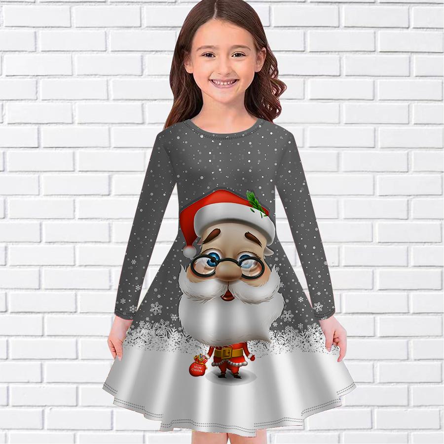 Повседневное платье для девочек с принтом Санта-Клауса и круглым вырезом, с длинными рукавами, детское платье принцессы