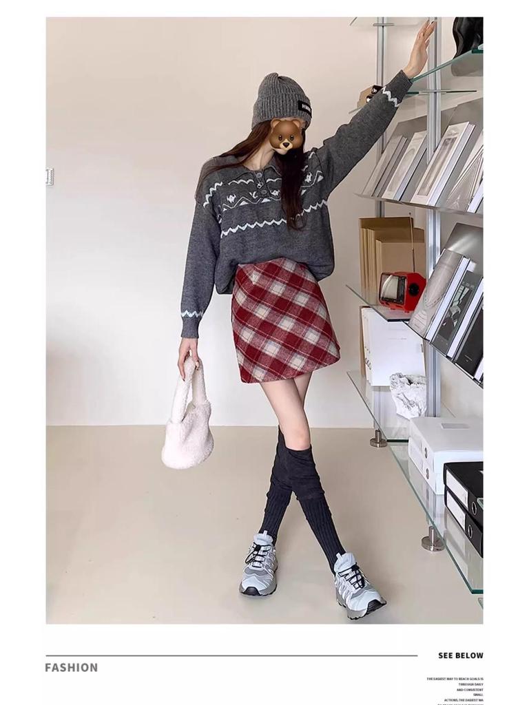 Женская мини-юбка в клетку из смесовой шерсти с завышенной талией в стиле ретро 2025 - Маленькая облегающая А-силуэта для осени/зимы