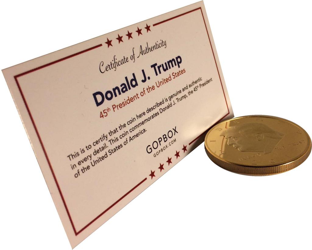 Donald Trump Gold Coin 2017, Gold Plated Collectable Coin, 45th President, Certificate of Authenticity Official GOPBOX