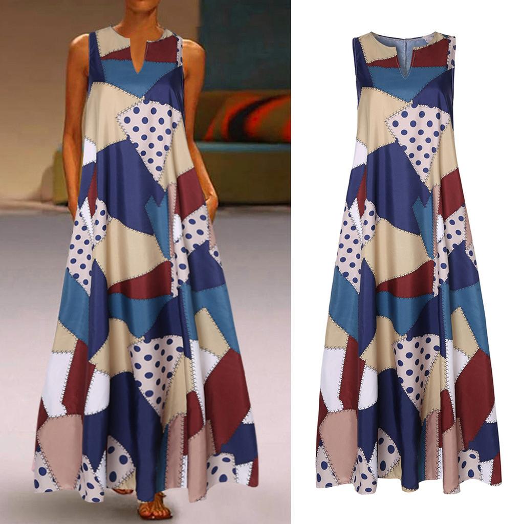 Женское модное повседневное ретро-платье с принтом и v-образным вырезом без рукавов, карманное платье