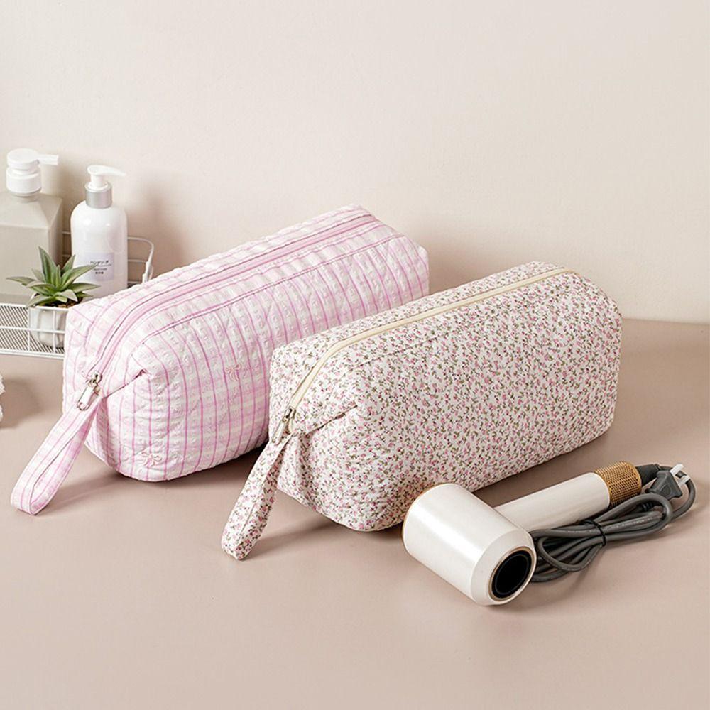 Quilted Cosmetic Bag Bow Print Storage Pouch Gifts Hair Styling Tool Bag
