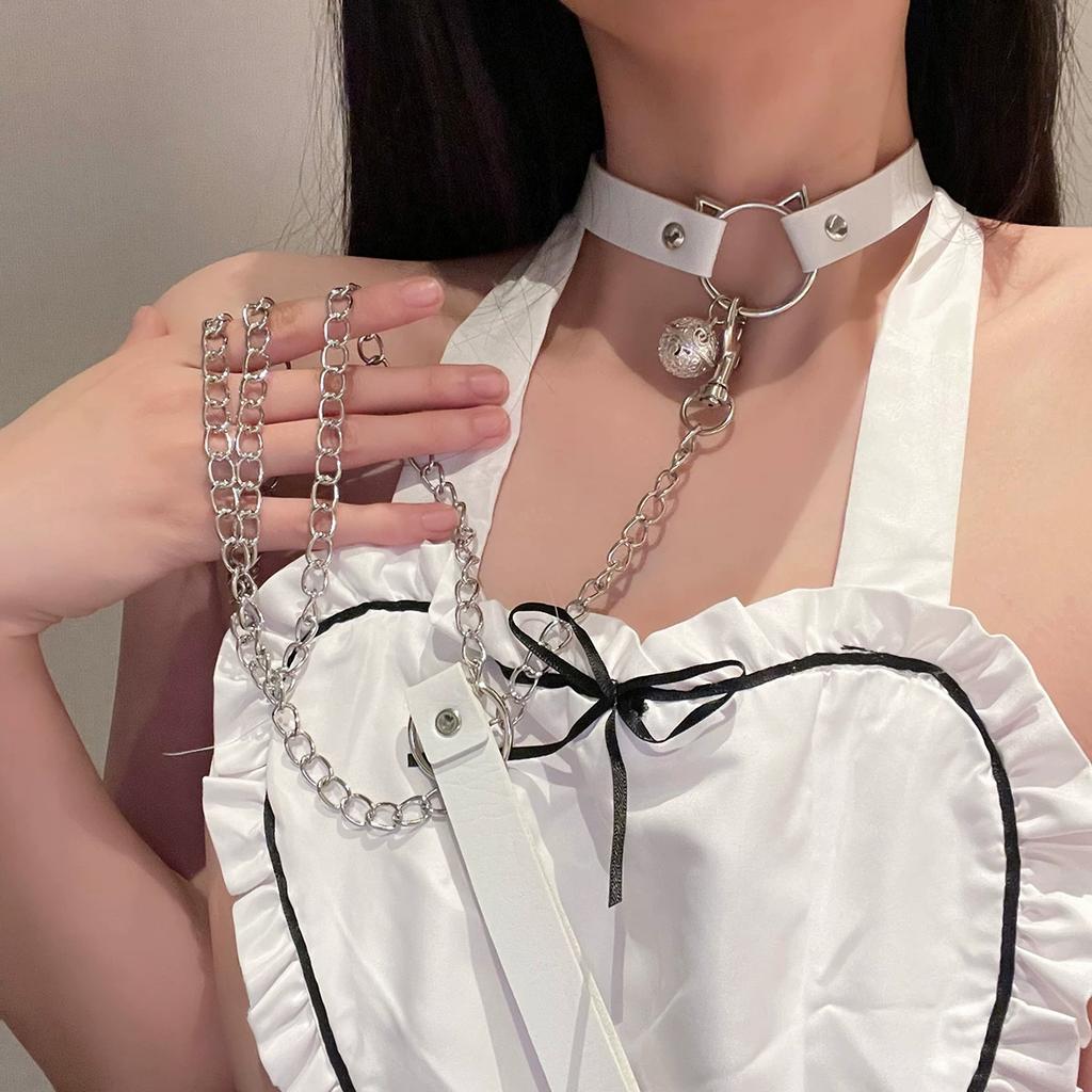 Adjustable Fetish Choker Necklace with Bell Leash Chain Punk Collar for Women Men
