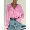 New French Style Simple Shirts Long Sleeve Frill V-neck Shirt Bubble Sleeved V-neck Shirt