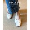 Sheepskin French square head hollow sandals women's summer wear hole shoes retro shallow mouth side air breathable thick heel single shoes
