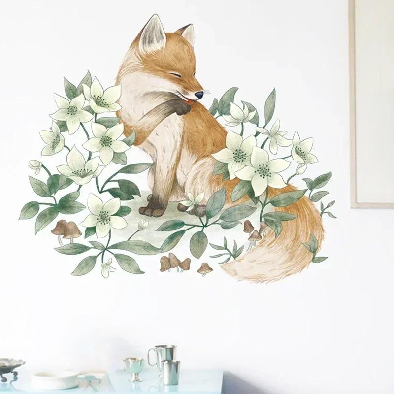 Wall Decoration Sticker 3d Fox Flower Bedroom Self Adhesive Home Decor Living Room Cartoon Animal Wall Art Decals Accessories